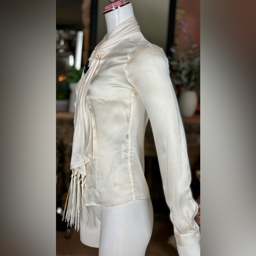 Alexander McQueen Ivory Silk Tie-Neck Button Down Blouse with Black Embroidery - Picture 6 of 15